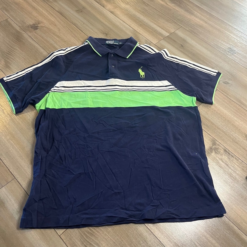 Polo‎ Ralph Lauren Mens XL Polo Shirt Navy Blue Green Stripe XL Bin P-201